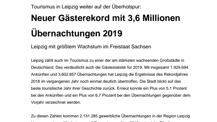 Tourismus in Leipzig weiter auf der Überholspur: Neuer Gästerekord mit 3,6 Millionen Übernachtungen 2019