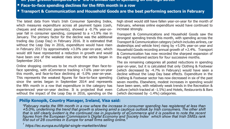 Irish consumer spending falls -0.7% year-on-year in February driven by missing Leap Day in 2017