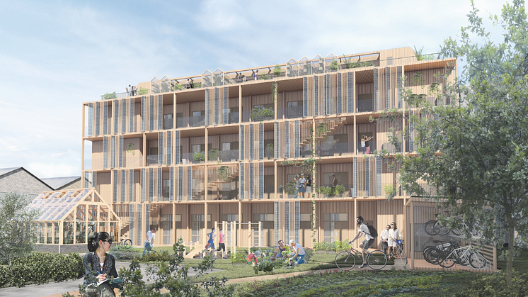 Visualisering av vinnande förslag för byggrätten Snillet. Av: Gisselberg Arkitekter.