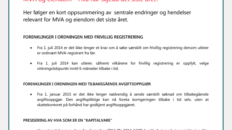 Nyhetsbrev - MVA og eiendom – Hva har skjedd det siste året?