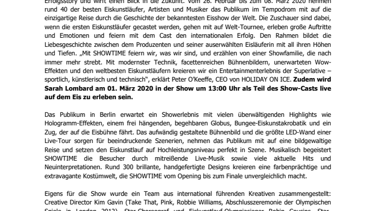 HOLIDAY ON ICE kommt mit neuer Produktion SHOWTIME nach Berlin – Gaststarauftritt Sarah Lombardi