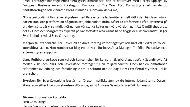 Margareta Strandbacke och Claes Ruthberg tar plats i Ecru Consultings styrelse