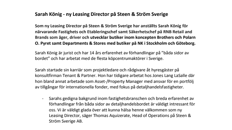 Sarah König - ny Leasing Director på Steen & Ström Sverige