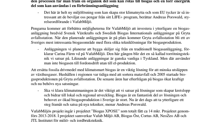 EU-bidrag till ny biogasanläggning på Gryta avfallsstation