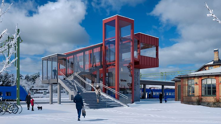 Det blir ny gångbro med hiss över spåren vid Ängelholms station. Bild: Sweco