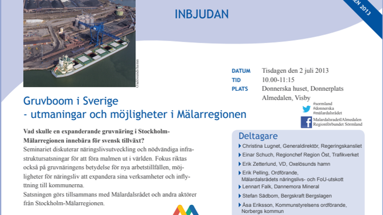 Inbjudan seminarium Almedalen 2 juli: Gruvboom i Sverige - utmaningar och möjligheter i Mälarregionen
