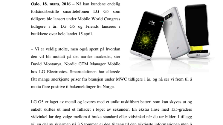 NÅ KAN DU FORHÅNDSBESTILLE SMARTE LG G5