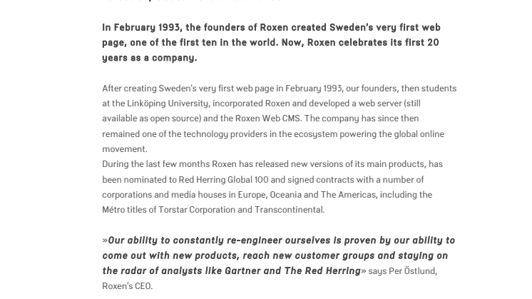 Internet pioneer Roxen turns the page on 20 with new releases, customers and awards