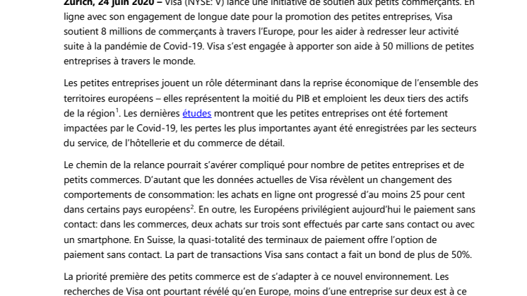 Visa soutient la relance économique de huit millions de petits commerçants en Europe