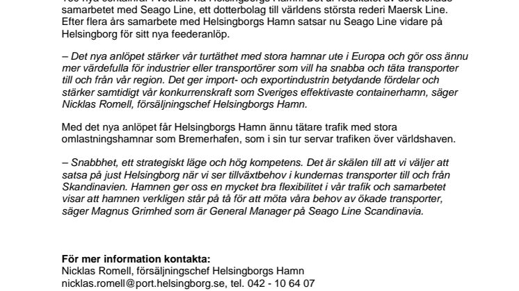 ​Seago Lines containervolymer växer i Helsingborgs Hamn och ökar global turtäthet
