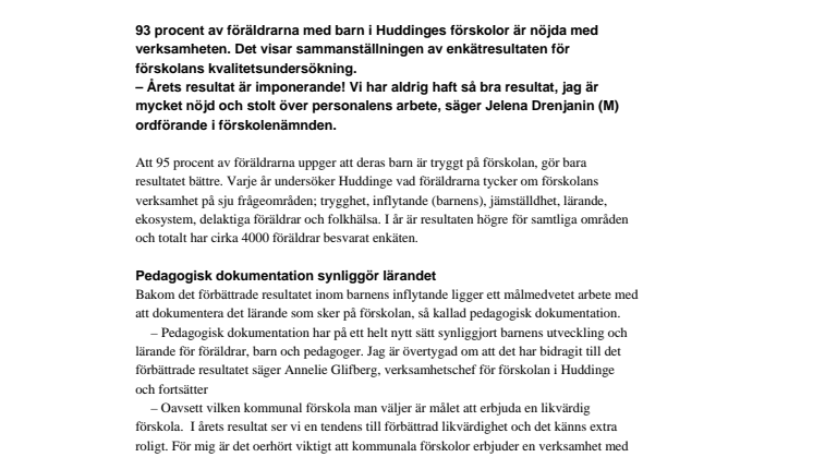 Föräldrar nöjda med Huddinges förskolor