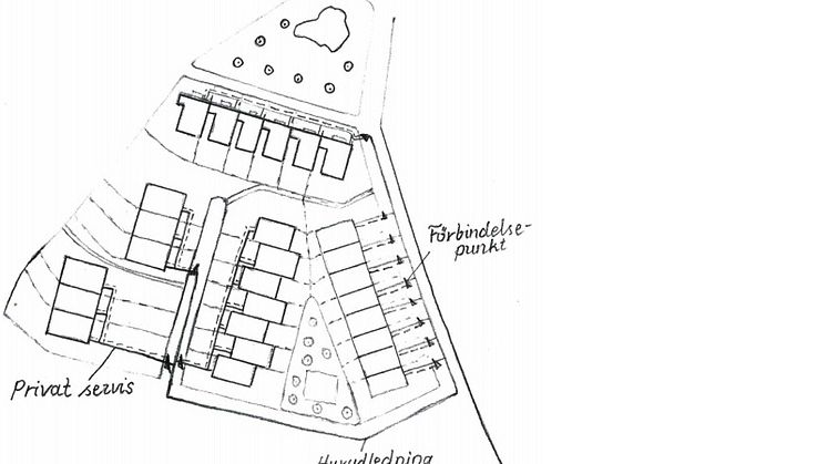Rapportframsidesbild: Ett uppdiktat bostadsområde med utritade servisledningar (ritad av Emma Lundin).