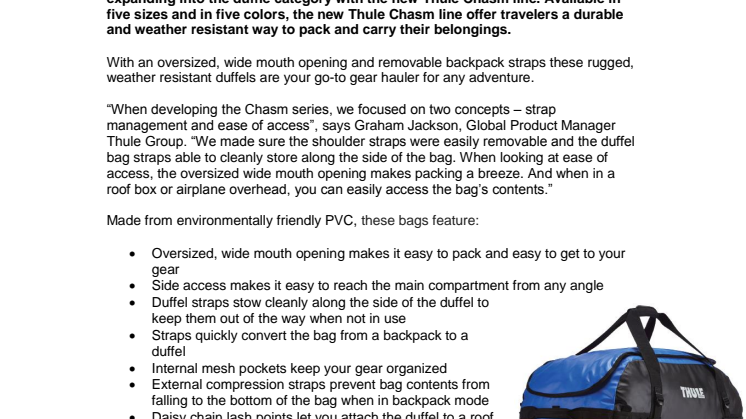 Thule Expands Bag Offering to Highly Functional and Stylish Duffle Bags