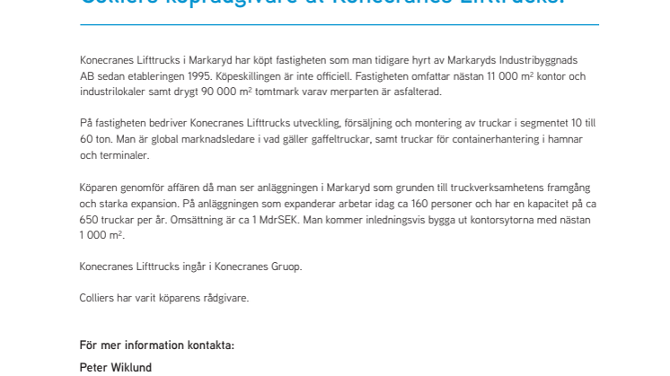 Colliers köprådgivare åt Konecranes Lifttrucks