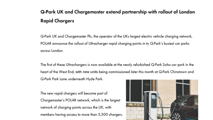 Q-Park UK and Chargemaster extend partnership with rollout of London Rapid Chargers