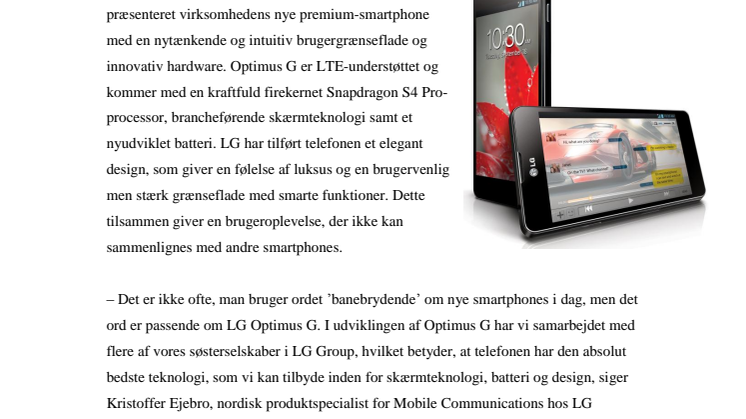 LG OPTIMUS G - VERDENSFØRENDE TEKNOLOGI OG INNOVATIV BRUGERGRÆNSEFLADE