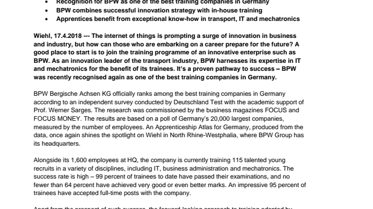 Germany's best training companies - how BPW prepares apprentices for a digital future and the internet of things