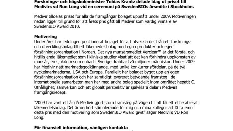 Medivir - Vinnare av Sweden BIO Award 2010