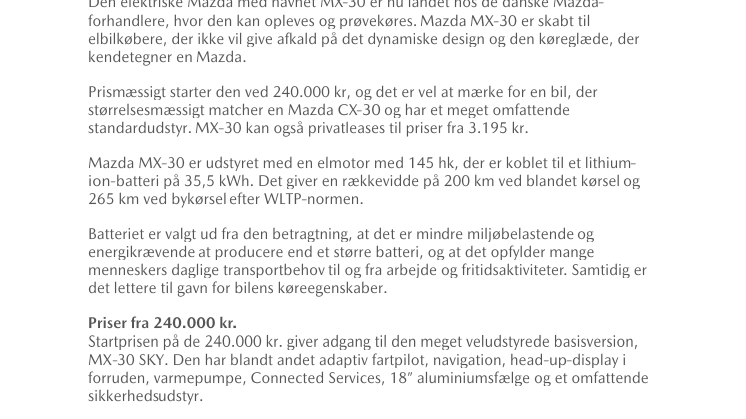 Den elektriske Mazda MX-30 er ankommet