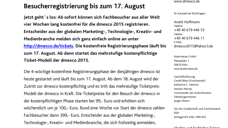 Jetzt dmexco Tickets sichern: Kostenfreie Besucherregistrierung bis zum 17. August
