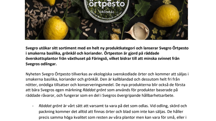 Svegro lanserar örtpesto  -	tillverkad av räddade plantor från växthusen