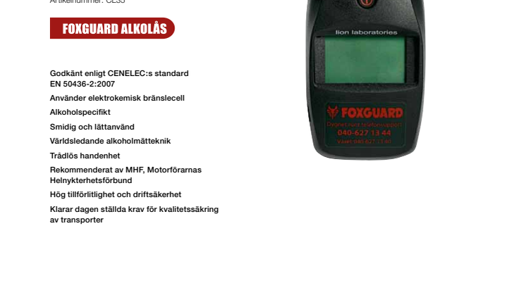 Trådlöst alkolås - Foxguard Alkolås A3