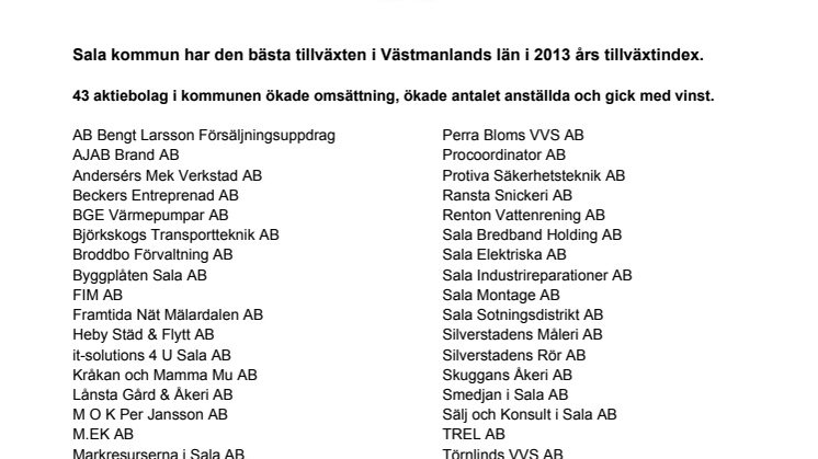Bästa Tillväxt 2013 - Företag i Sala som tilldelas diplom  