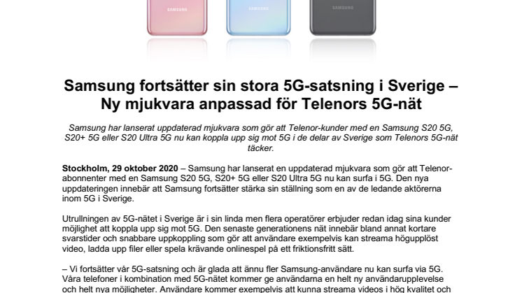 Samsung fortsätter sin stora 5G-satsning i Sverige – Ny mjukvara anpassad för Telenors 5G-nät