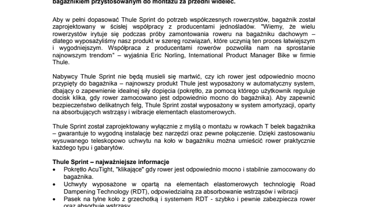 Thule Sprint – bezpieczny, wygodny i stylowy dachowy bagażnik rowerowy