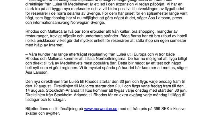 Norwegian startar ytterligare tre nya direktlinjer nästa sommar 