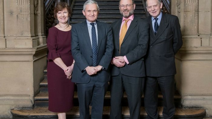 l-r – Lucy Winskell OBE, Sir Geoffrey Voss, His Honour Judge Kramer, Vice Chancellor Mr Justice Barling