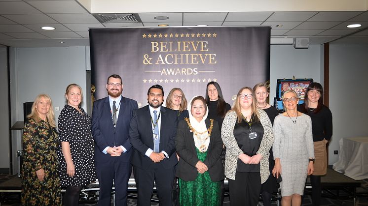 The Achieve and Believe awards night, with (centre) Cllr Tamoor Tariq and council leader Eamonn O'Brien.