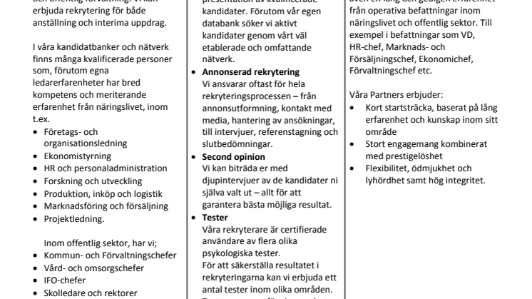 Rekrytering av chefer och specialister till privat och offentliga verksamheter