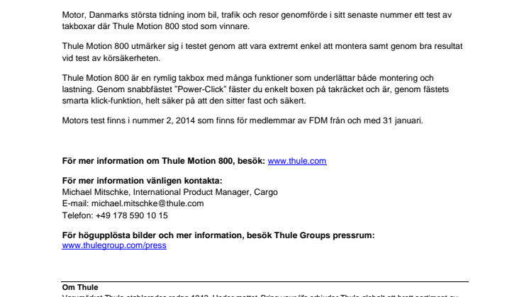 Thules takbox Thule Motion 800 testvinnare i Danska Motor