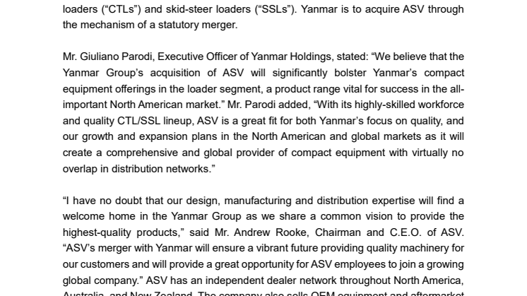 Yanmar to Acquire North American Loader Manufacturer  ASV Holdings