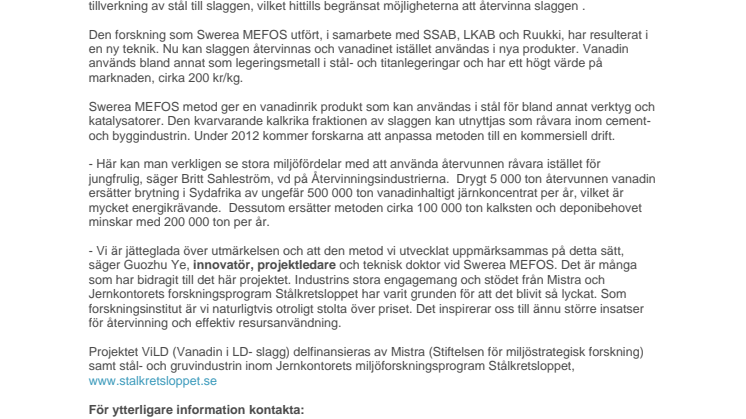 En ViLD idé från Swerea MEFOS fick Återvinningsindustriernas Inspirationspris 2011