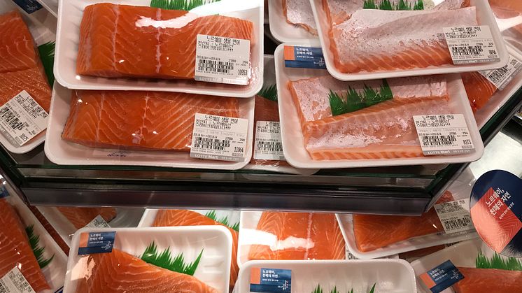 Fersk norsk laks i fiskedisk i Sør-Korea