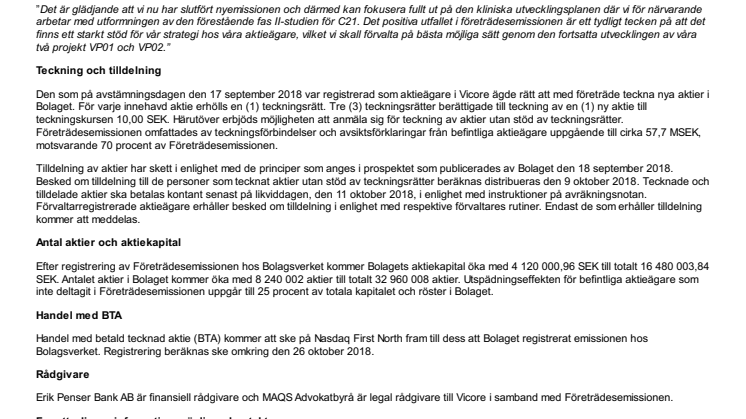 Vicores företrädesemission övertecknad med 33 procent – Bolaget tillförs 82,4 MSEK