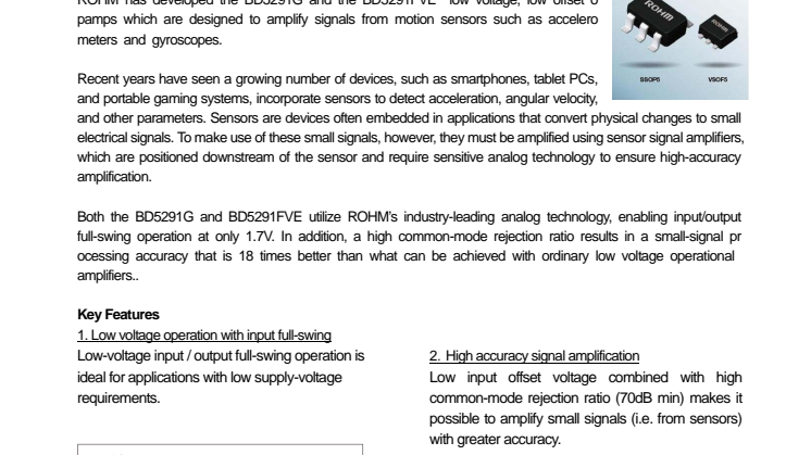 ROHM Semiconductor's Operational Amplifiers for Sensor Signal Amplification: Enables improved signal processing accuracy at lower supply voltages