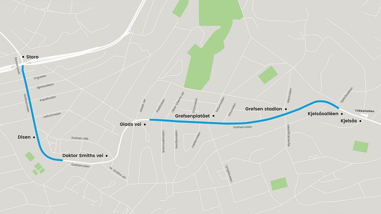 Kart over strekningene i Grefsenveien som er oppgradert nå