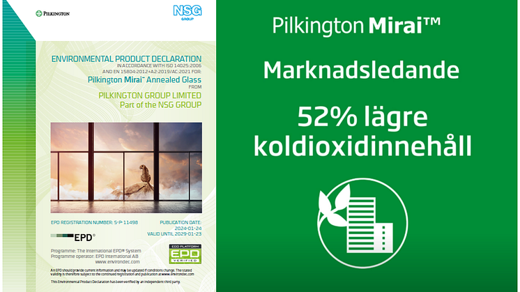 Pilkington Mirai™, produceret af NSG Group, er blevet verificeret af uafhængig tredjepart til at have 52% mindre mængde indlejret kuldioxid sammenlignet med standard floatglas.