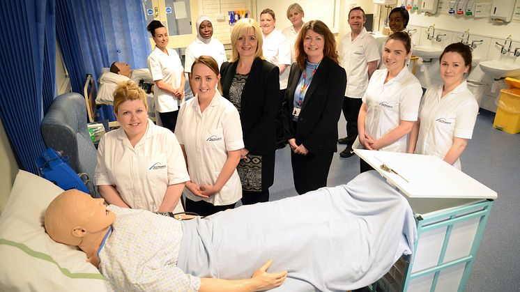 Student nurses with Dr Alison Stevens, Associate Professor in Nursing, Midwifery & Health at Northumbria University & Debbie Reape, Interim Executive Director of Nursing at Northumbria Healthcare NHS Foundation Trust