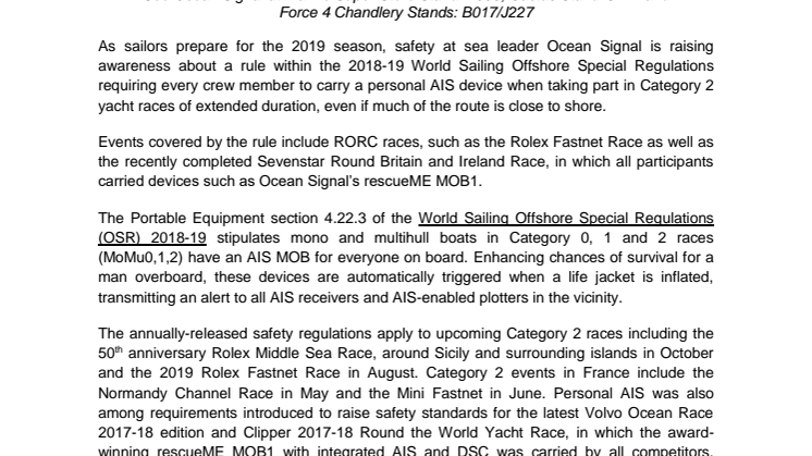 Ocean Signal Highlights World Sailing Rule Requiring Crew to Carry Personal AIS for Category 2 Offshore Races