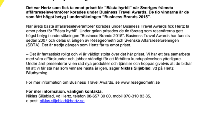 Hertz bäst på hyrbil enligt affärsresenärerna