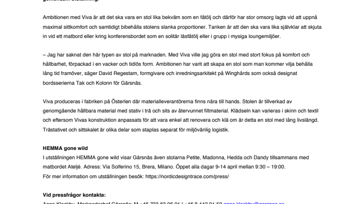 Gärsnäs förhandsvisar stolen Viva av David Regestam