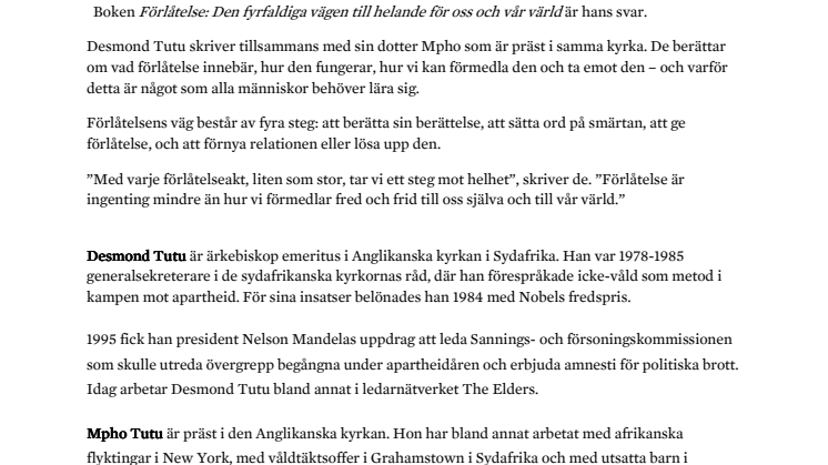 Pressmeddelande - Desmond och Mpho Tutu till Bokmässan