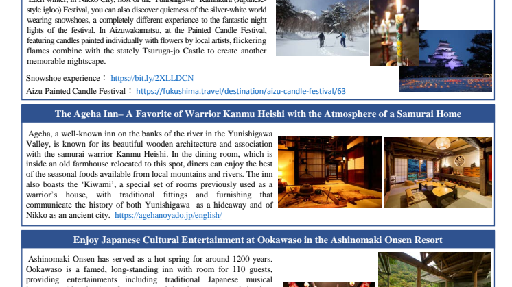 Luxury Winter Accommodation, from Hidden Inns to Entertainment Spots Travel out from the City to Nikko, Kinugawa and Aizu