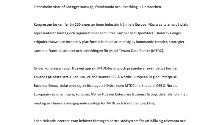 Huawei väljer Stockholm för europeisk IT-kongress - European Business Driven Data Center Congress 2016