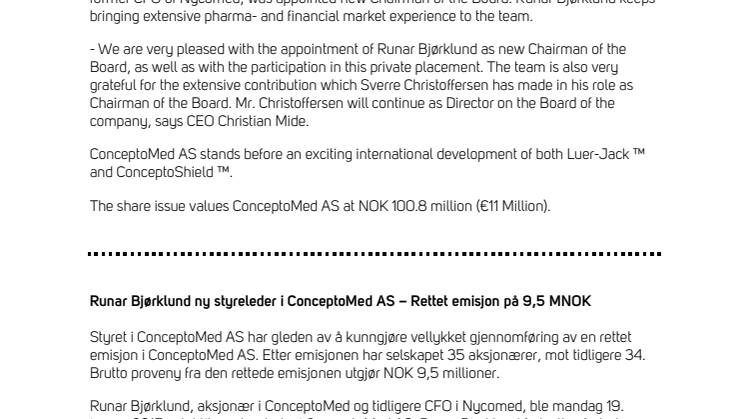 Runar Bjørklund appointed COB in ConceptoMed AS – Private Placement of €1.05 Million