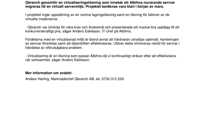 QBRANCH VIRTUALISERAR ALBIHNS SERVERMILJÖ
